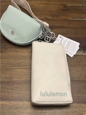lululemon Cream and Mint Green Mini dual pouch Wristlet Set price firm
